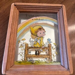 Vintage Framed Art Shadow Box with Rainbow and Girl